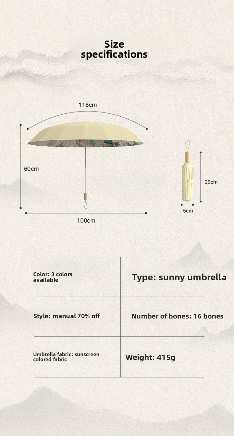 16-Rib Colorful Plastic Sunshade Umbrella with Gold Aluminum Alloy Frame, New Chinese Style Retro Sun Protection UV Protection Foldable Rain or Shine Umbrella