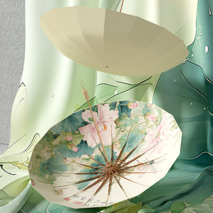 16-Rib Colorful Plastic Sunshade Umbrella with Gold Aluminum Alloy Frame, New Chinese Style Retro Sun Protection UV Protection Foldable Rain or Shine Umbrella