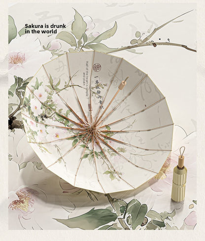 16-Rib Colorful Plastic Sunshade Umbrella with Gold Aluminum Alloy Frame, New Chinese Style Retro Sun Protection UV Protection Foldable Rain or Shine Umbrella