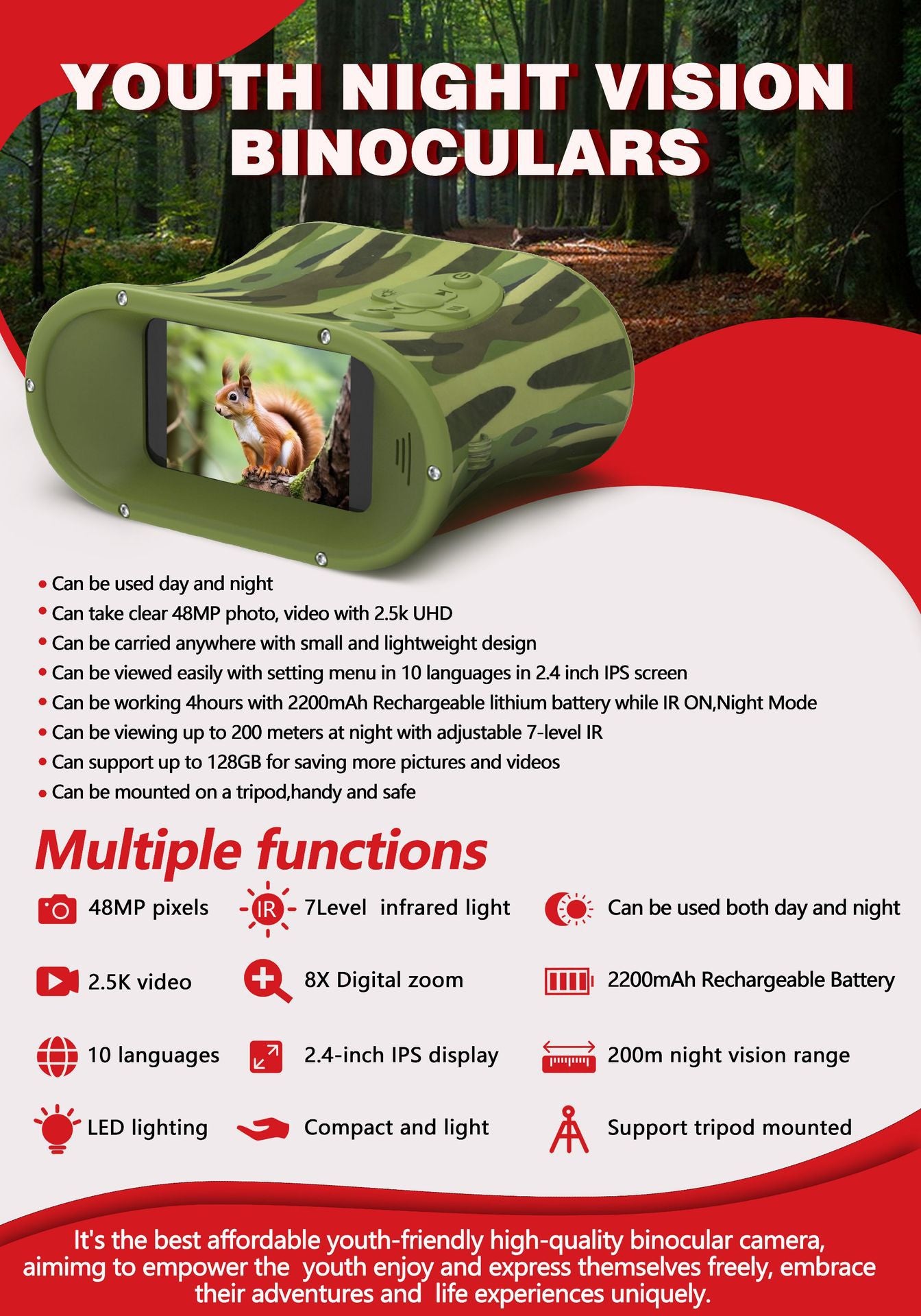 New Hot-Selling HD Photo and Video Birdwatching Binoculars Infrared Outdoor Children's Cross-Border Digital Telescope Night Vision Device