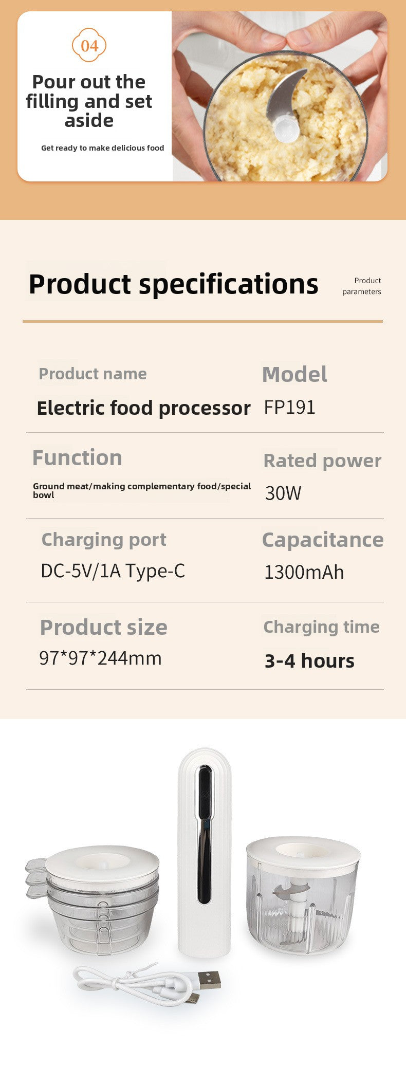 Household Wireless Electric Meat Grinder Kitchen Multifunctional Food Processor Garlic Masher Small Meat Chopper Baby Food Processor