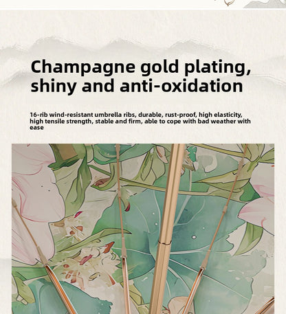 16-Rib Colorful Plastic Sunshade Umbrella with Gold Aluminum Alloy Frame, New Chinese Style Retro Sun Protection UV Protection Foldable Rain or Shine Umbrella