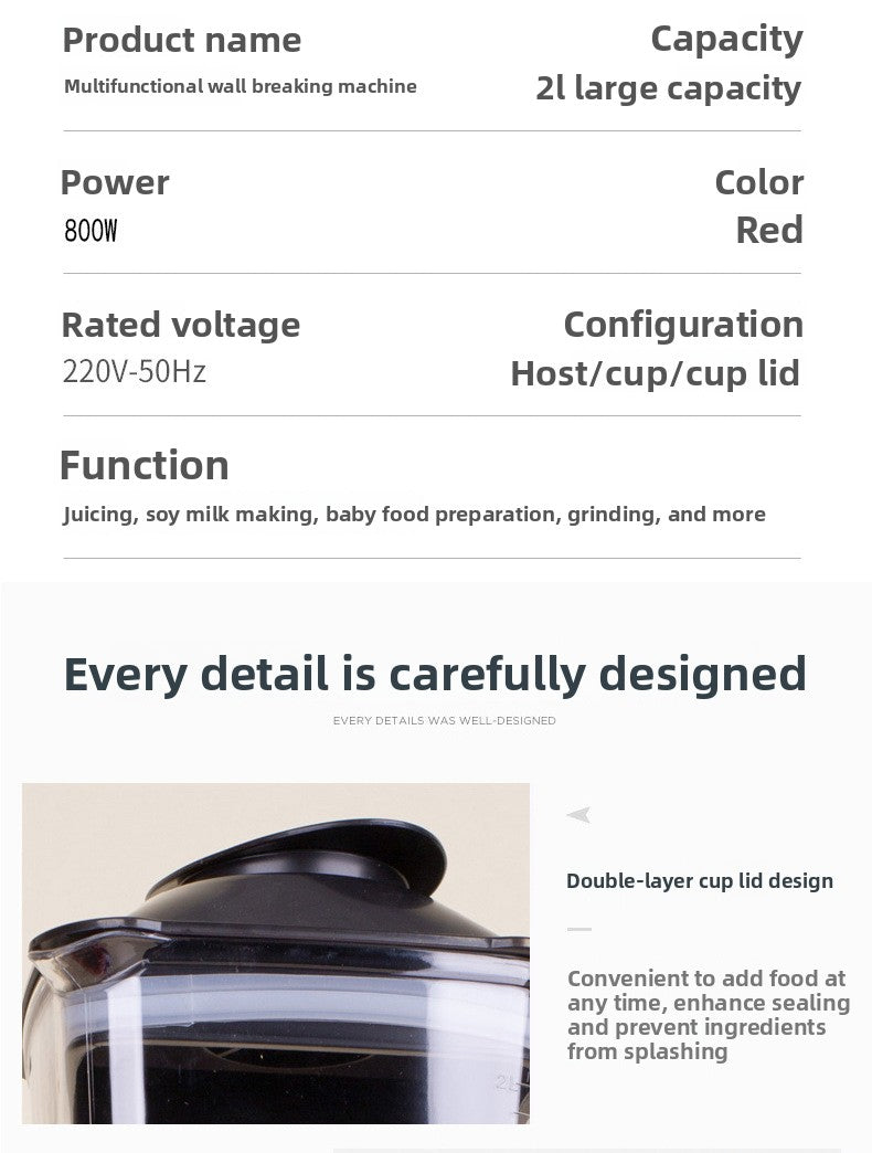 Blender Multi-Functional Food Processor Household Kitchen Grinder Baby Food Soy Milk Maker Large Capacity Fruit and Vegetable Juicer Cross-Border