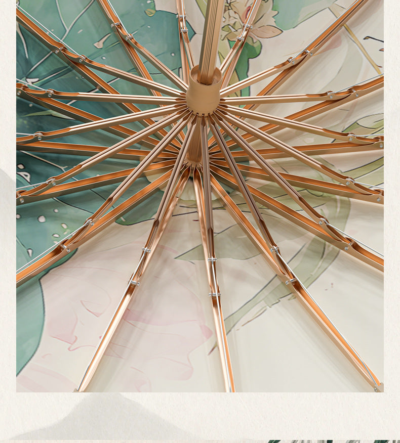 16-Rib Colorful Plastic Sunshade Umbrella with Gold Aluminum Alloy Frame, New Chinese Style Retro Sun Protection UV Protection Foldable Rain or Shine Umbrella