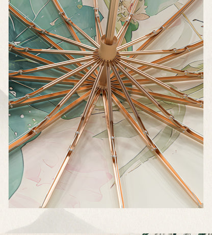 16-Rib Colorful Plastic Sunshade Umbrella with Gold Aluminum Alloy Frame, New Chinese Style Retro Sun Protection UV Protection Foldable Rain or Shine Umbrella