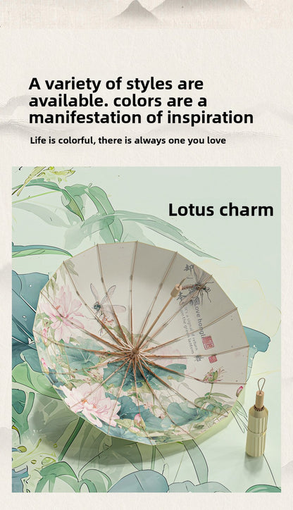 16-Rib Colorful Plastic Sunshade Umbrella with Gold Aluminum Alloy Frame, New Chinese Style Retro Sun Protection UV Protection Foldable Rain or Shine Umbrella