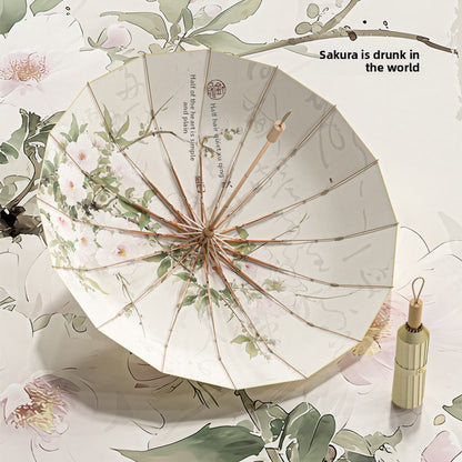 16-Rib Colorful Plastic Sunshade Umbrella with Gold Aluminum Alloy Frame, New Chinese Style Retro Sun Protection UV Protection Foldable Rain or Shine Umbrella