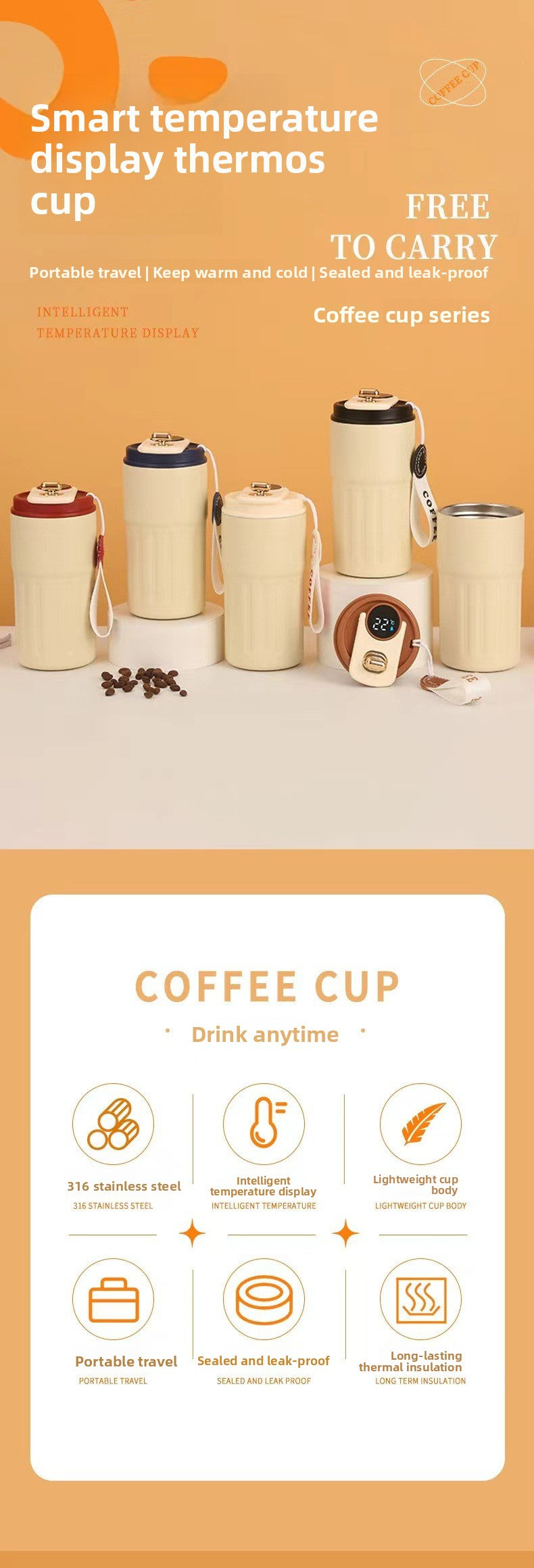 New Smart 316 Stainless Steel Coffee Cup High-Value Gift Insulated Cup Portable Cup Internet Celebrity Water Cup