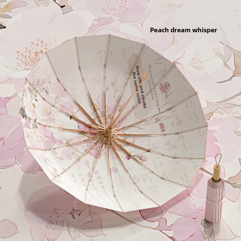 16-Rib Colorful Plastic Sunshade Umbrella with Gold Aluminum Alloy Frame, New Chinese Style Retro Sun Protection UV Protection Foldable Rain or Shine Umbrella