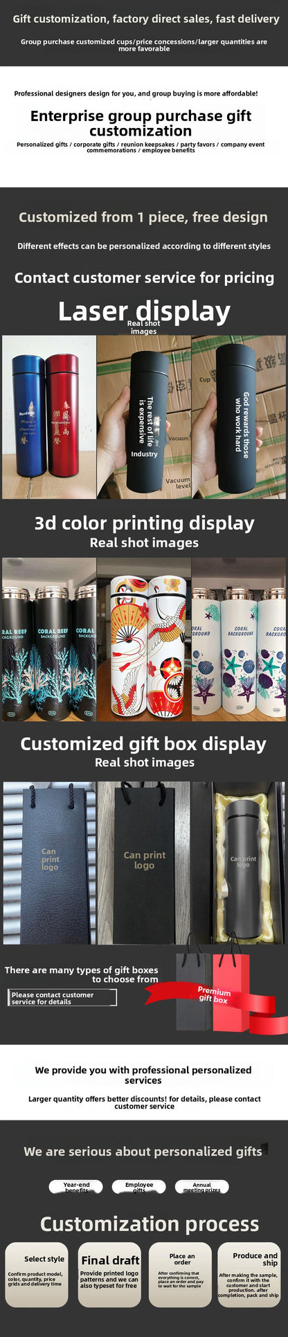 Smart Insulated Cup Stainless Steel 304 Temperature Display Cup Gift Custom Water Cup Frosted Business Straight Cup Wholesale