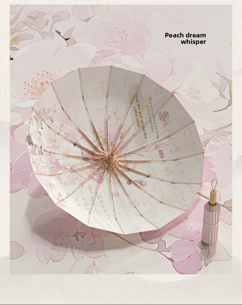 16-Rib Colorful Plastic Sunshade Umbrella with Gold Aluminum Alloy Frame, New Chinese Style Retro Sun Protection UV Protection Foldable Rain or Shine Umbrella