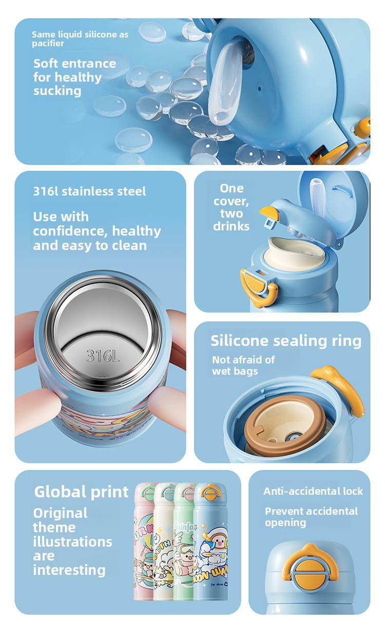 JEKO Multi-Drink Insulated Cup 316 Stainless Steel Food Grade Children Students Men Women High Appearance Cartoon Water Bottle
