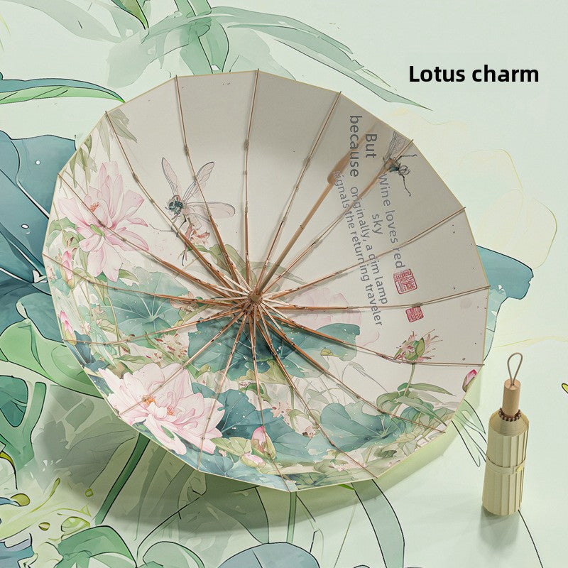 16-Rib Colorful Plastic Sunshade Umbrella with Gold Aluminum Alloy Frame, New Chinese Style Retro Sun Protection UV Protection Foldable Rain or Shine Umbrella