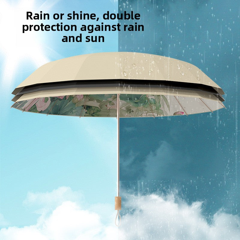 16-Rib Colorful Plastic Sunshade Umbrella with Gold Aluminum Alloy Frame, New Chinese Style Retro Sun Protection UV Protection Foldable Rain or Shine Umbrella