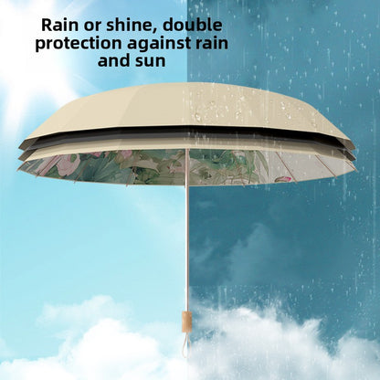 16-Rib Colorful Plastic Sunshade Umbrella with Gold Aluminum Alloy Frame, New Chinese Style Retro Sun Protection UV Protection Foldable Rain or Shine Umbrella