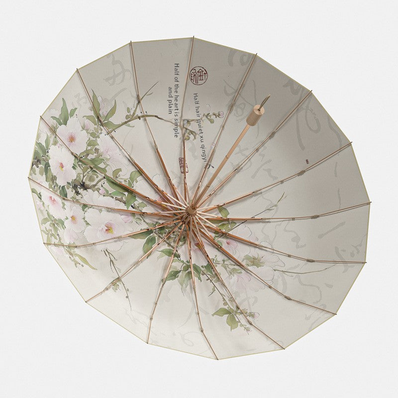 16-Rib Colorful Plastic Sunshade Umbrella with Gold Aluminum Alloy Frame, New Chinese Style Retro Sun Protection UV Protection Foldable Rain or Shine Umbrella