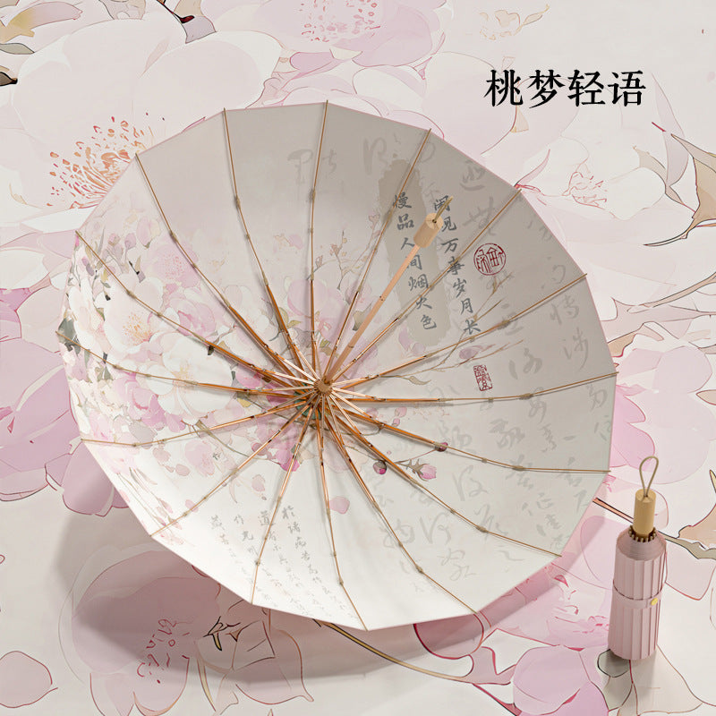 16-Rib Colorful Plastic Sunshade Umbrella with Gold Aluminum Alloy Frame, New Chinese Style Retro Sun Protection UV Protection Foldable Rain or Shine Umbrella